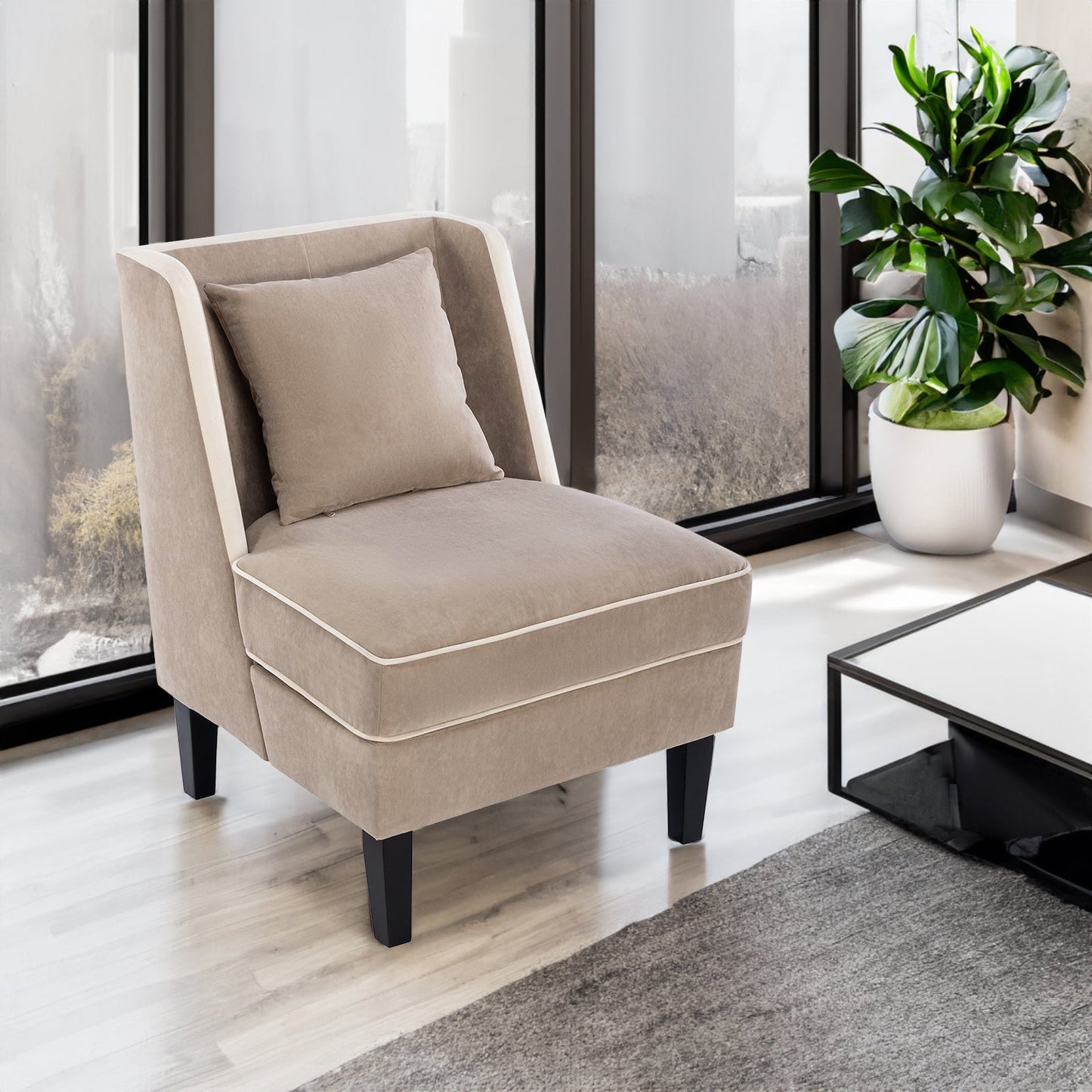 Velvet Upholstered Accent Chair with Cream Piping, Tan and Cream - Korvel