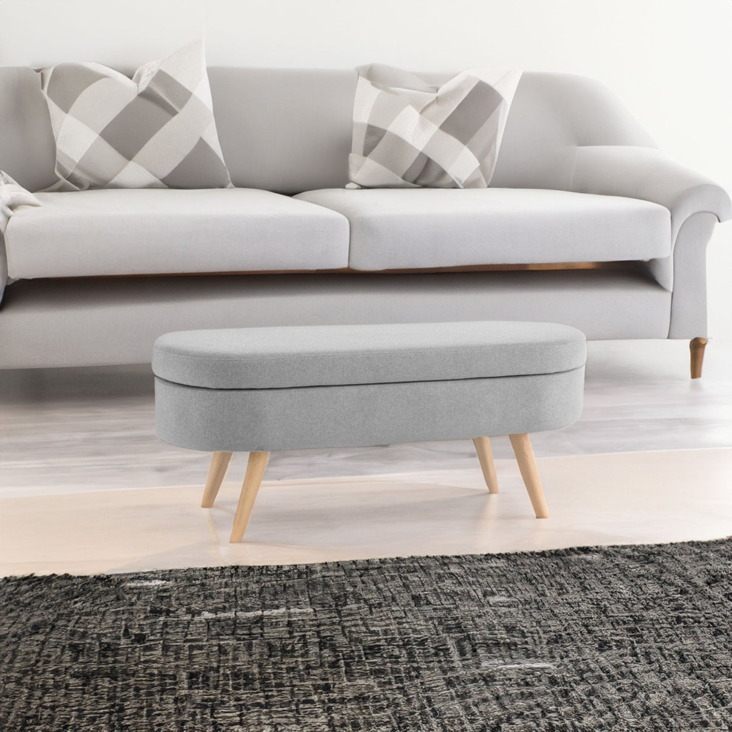 Ottoman Oval Storage Bench Rubber Wood Legs Grey(43.5"x16"x16") - Korvel