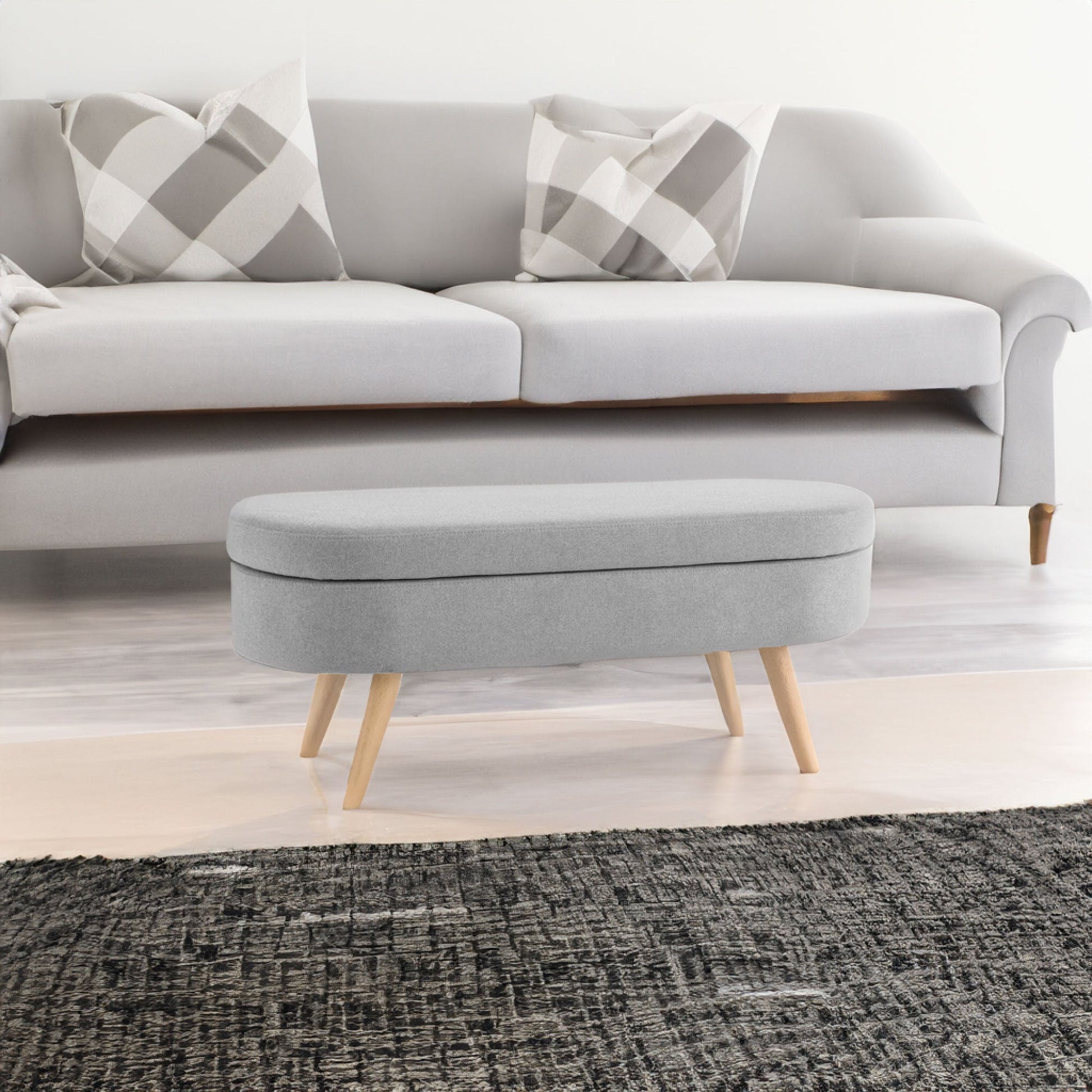 Ottoman Oval Storage Bench Rubber Wood Legs Grey(43.5"x16"x16") - Korvel
