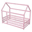 Twin Size Floor Wooden Bed with House Roof Frame, Fence Guardrails,Pink - Korvel