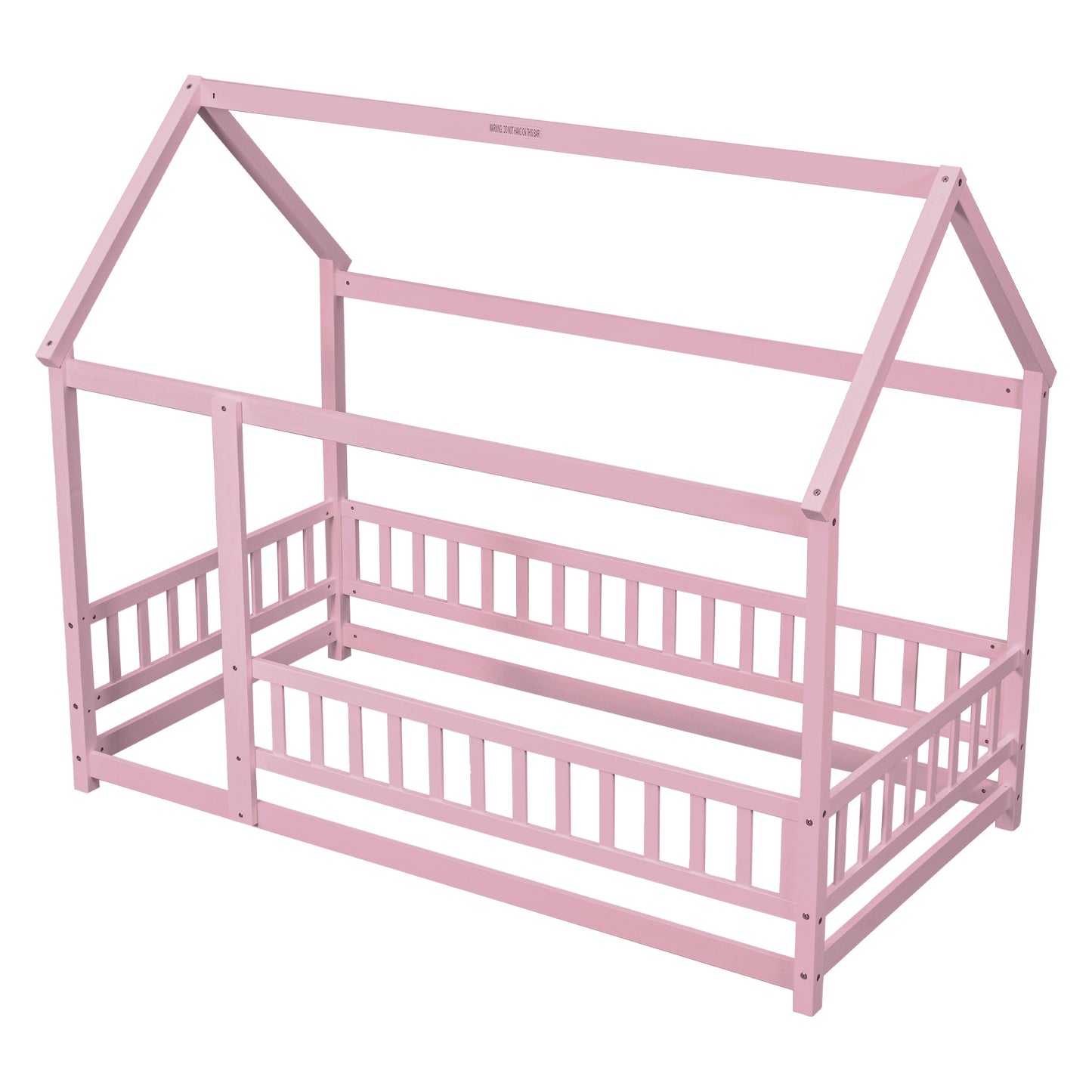 Twin Size Floor Wooden Bed with House Roof Frame, Fence Guardrails,Pink - Korvel