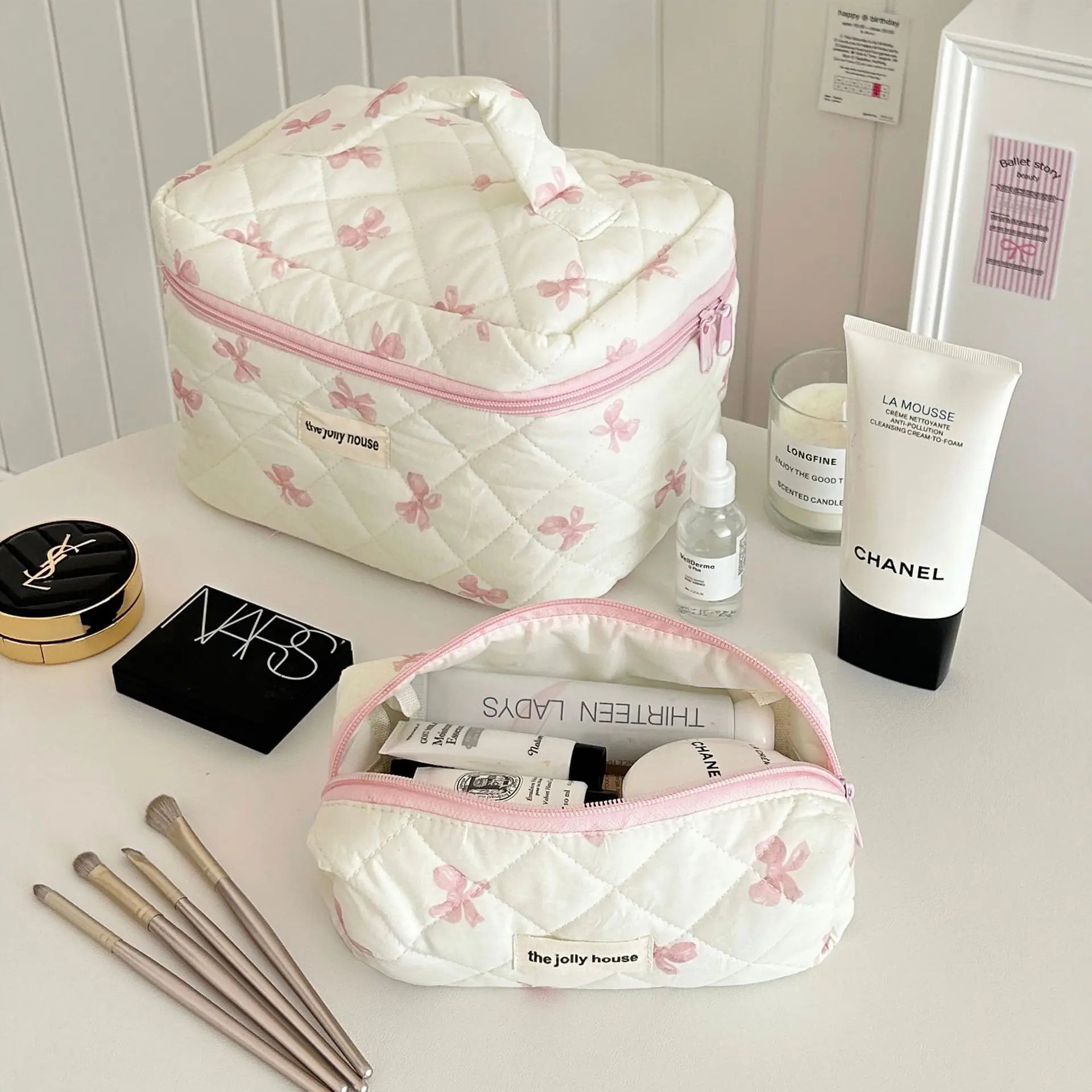 Cute Bow Flower Quilting Cotton Makeup Bag Women Zipper Cosmetic Organizer Female Cloth Handbag Portable Toiletry Case for Girls - Korvel