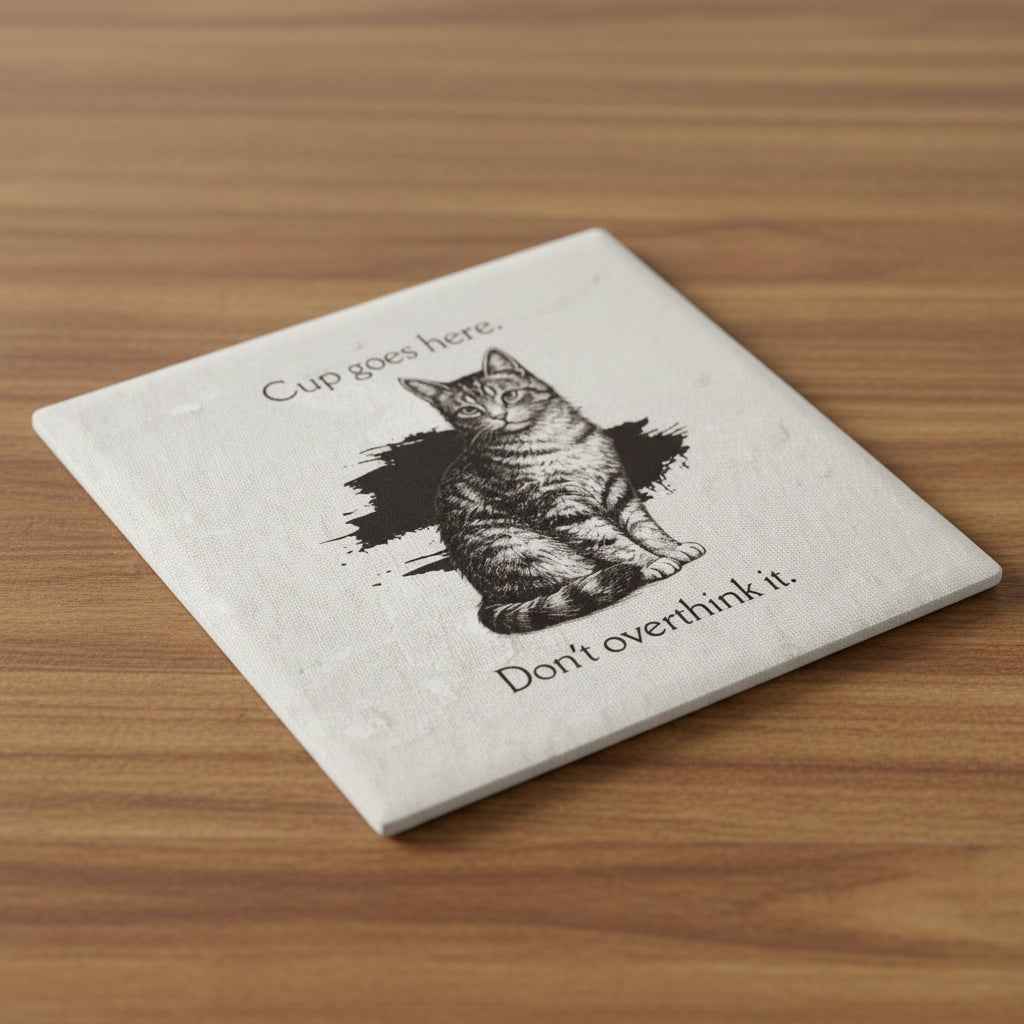 Cup Goes Here Cat Coaster - Clear Instructions for Beverage Placement