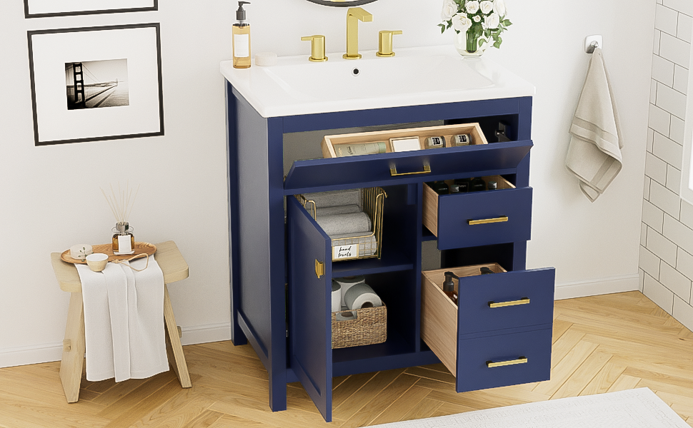 30-Inch Blue Bathroom Vanity with Ceramic Sink and Ample Storage - Ideal Choice for Small Bathrooms - Korvel