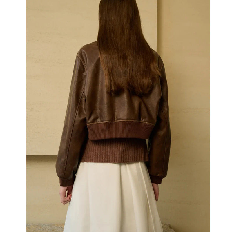 Chaqueta Bomber de Cuero con Cremallera de Inspiración Retro