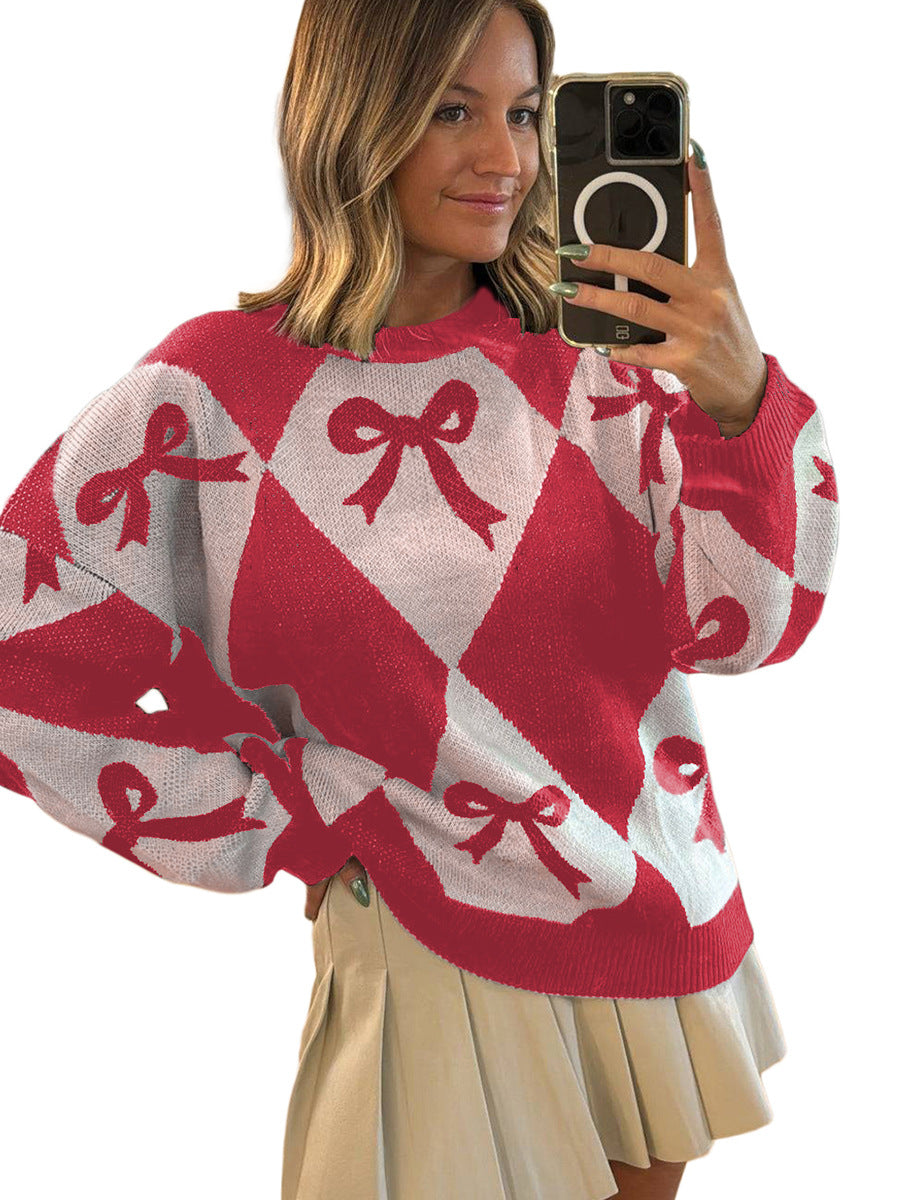 Womens Trendy Pullover Sweater with Bow-knot Print