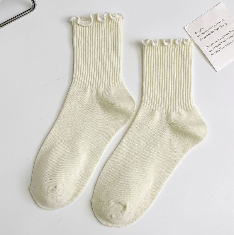 1 pair of ruffled JK socks for women mid-tube spring, autumn and summer solid color Japanese lace pile socks - Korvel