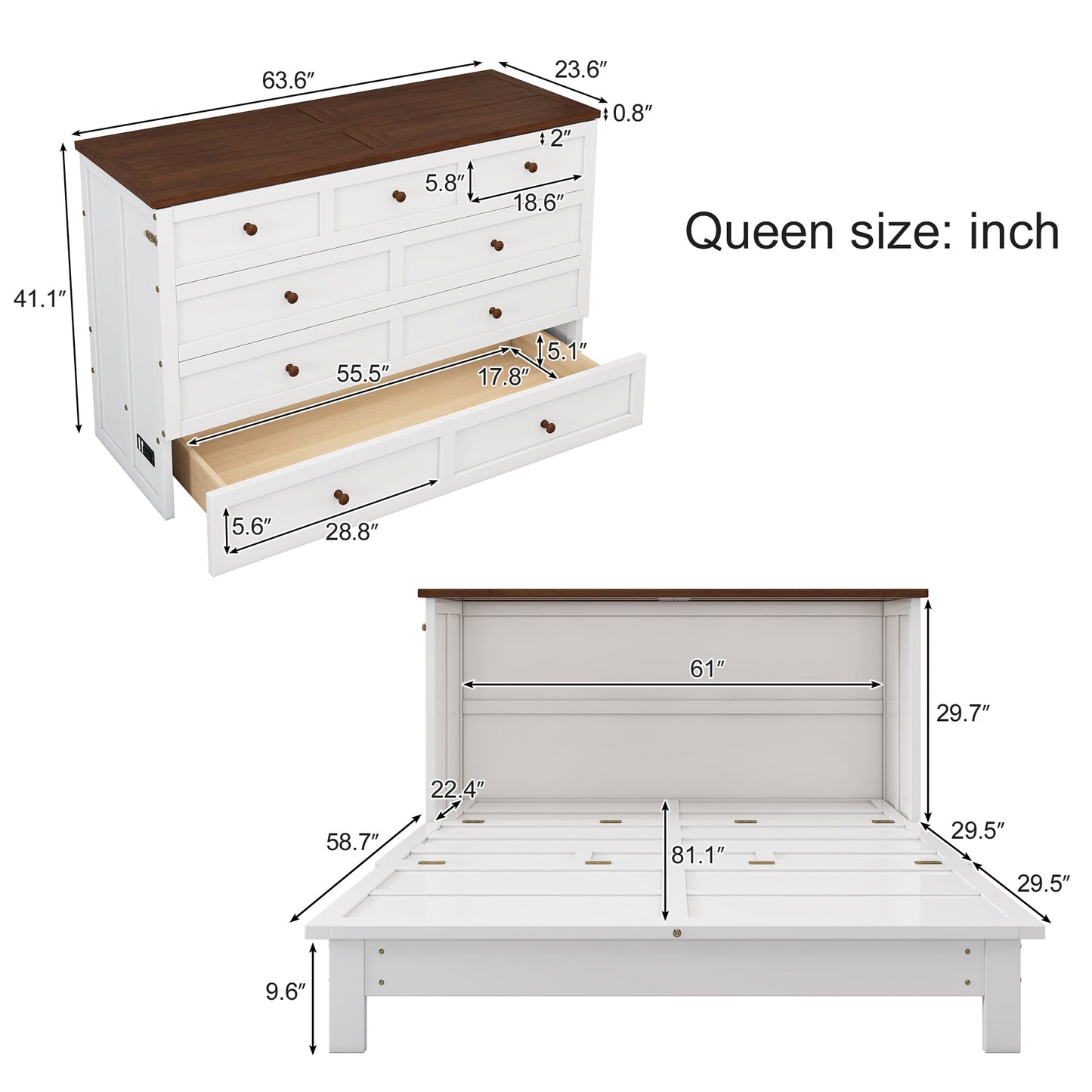 Solid Pine Murphy Bed Chest with Charging Station - Queen