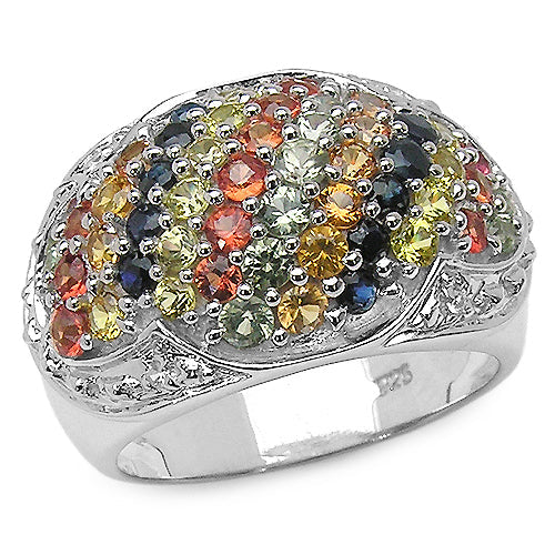 Bague en cluster de saphirs multicolores de 2,75 carats en argent sterling