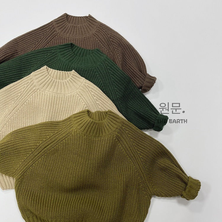 New Children Vintage Knitted Sweater Baby Girl Solid Casual Knitwear Boys Loose Versatile Pullover Kids Thicken Warm Tops - Korvel