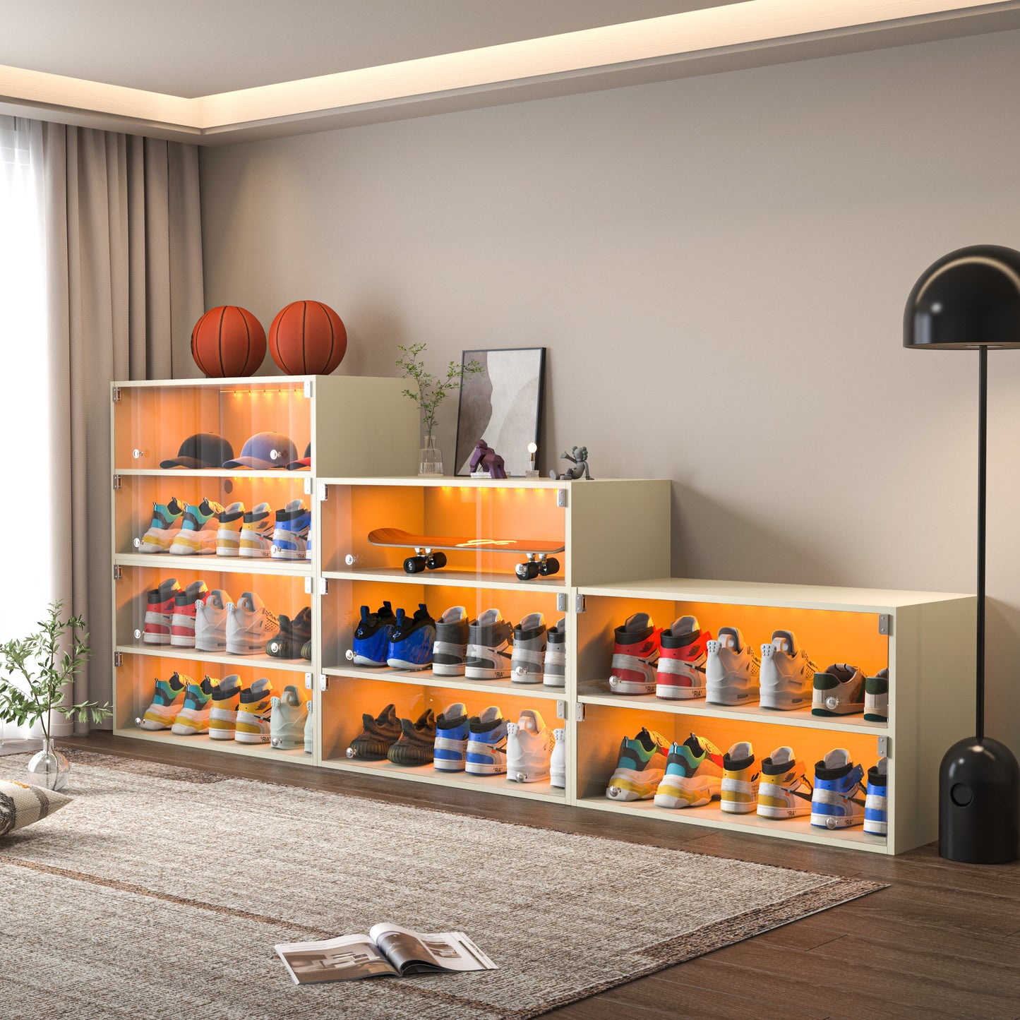 Off white Glass Door Shoe Box Shoe Storage Cabinet For Sneakers With RGB Led Light - Korvel