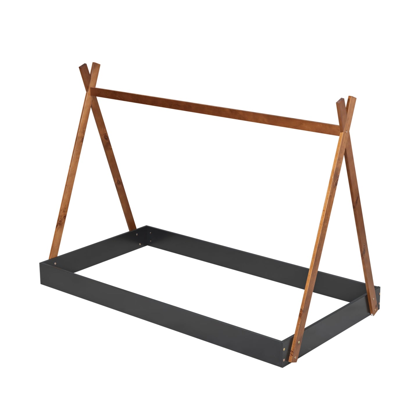 Twin Size Tent Floor Bed with Triangle Structure, Black+Brown - Korvel