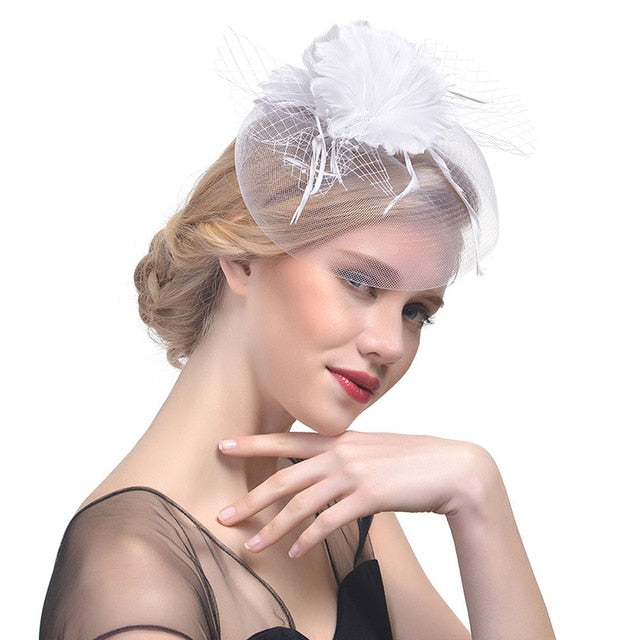 WELROG Feather Cap Lady Cocktail Dinner Party Fedoras Wedding Bridal Mesh Veil Hats Vintage Sombreros Chapeau Fascinators Hat - Korvel