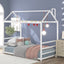 House Platform Bed with Roof and Chimney Design,White - Korvel