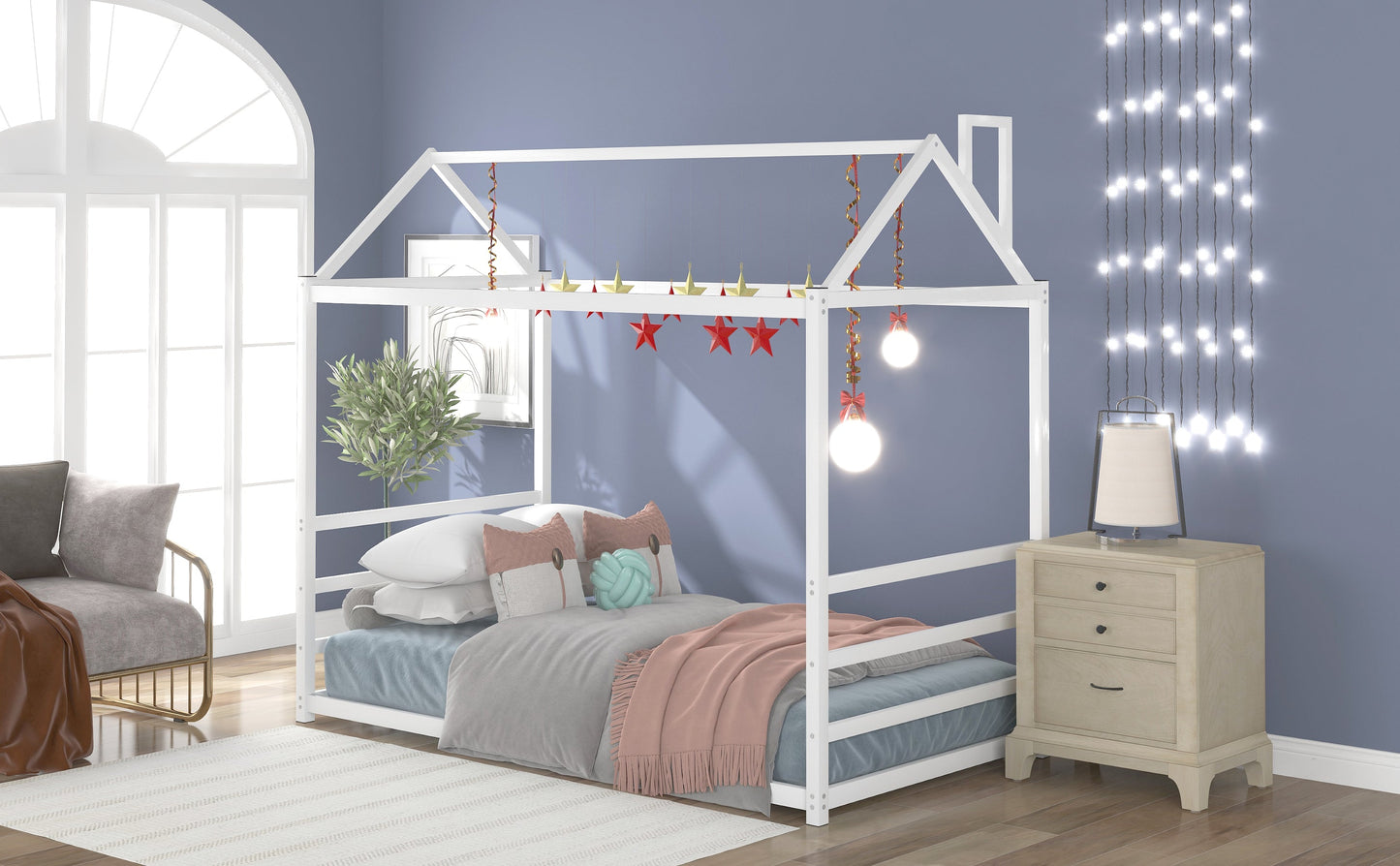 House Platform Bed with Roof and Chimney Design,White - Korvel