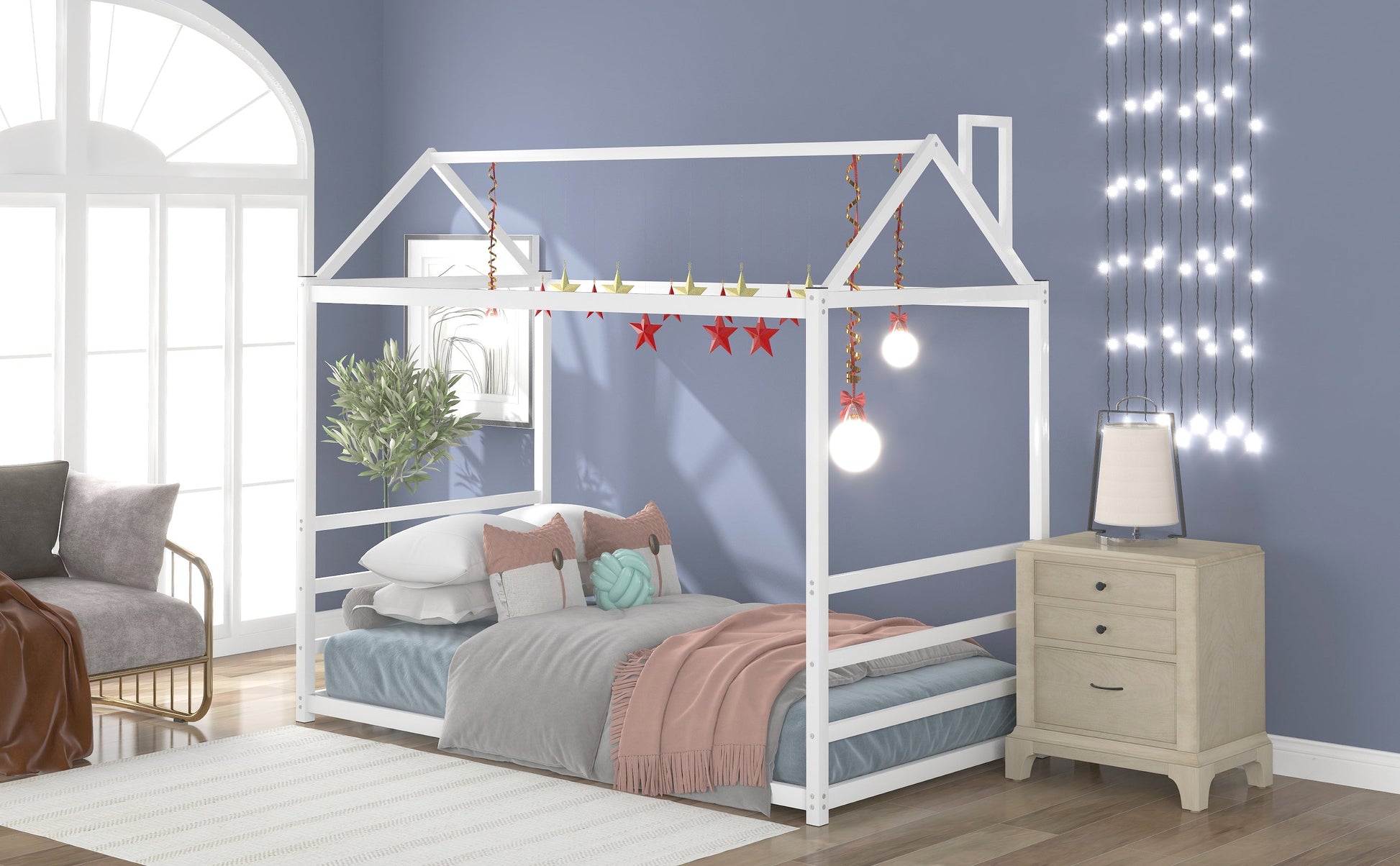 House Platform Bed with Roof and Chimney Design,White - Korvel
