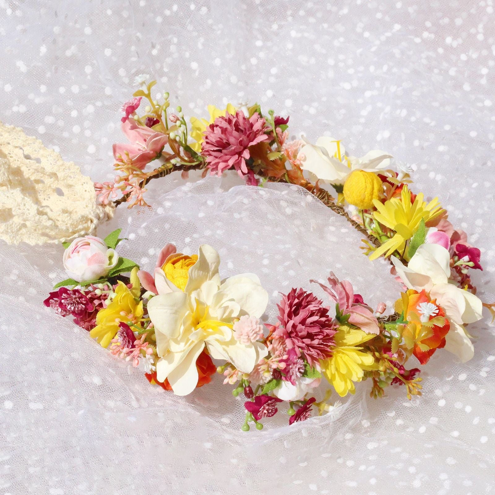 Autumn Flower Wreath Headwear Handmade Fabric Headflower Wedding Headband Bridal Ladies Scenic Photography Flower Wreath - Korvel