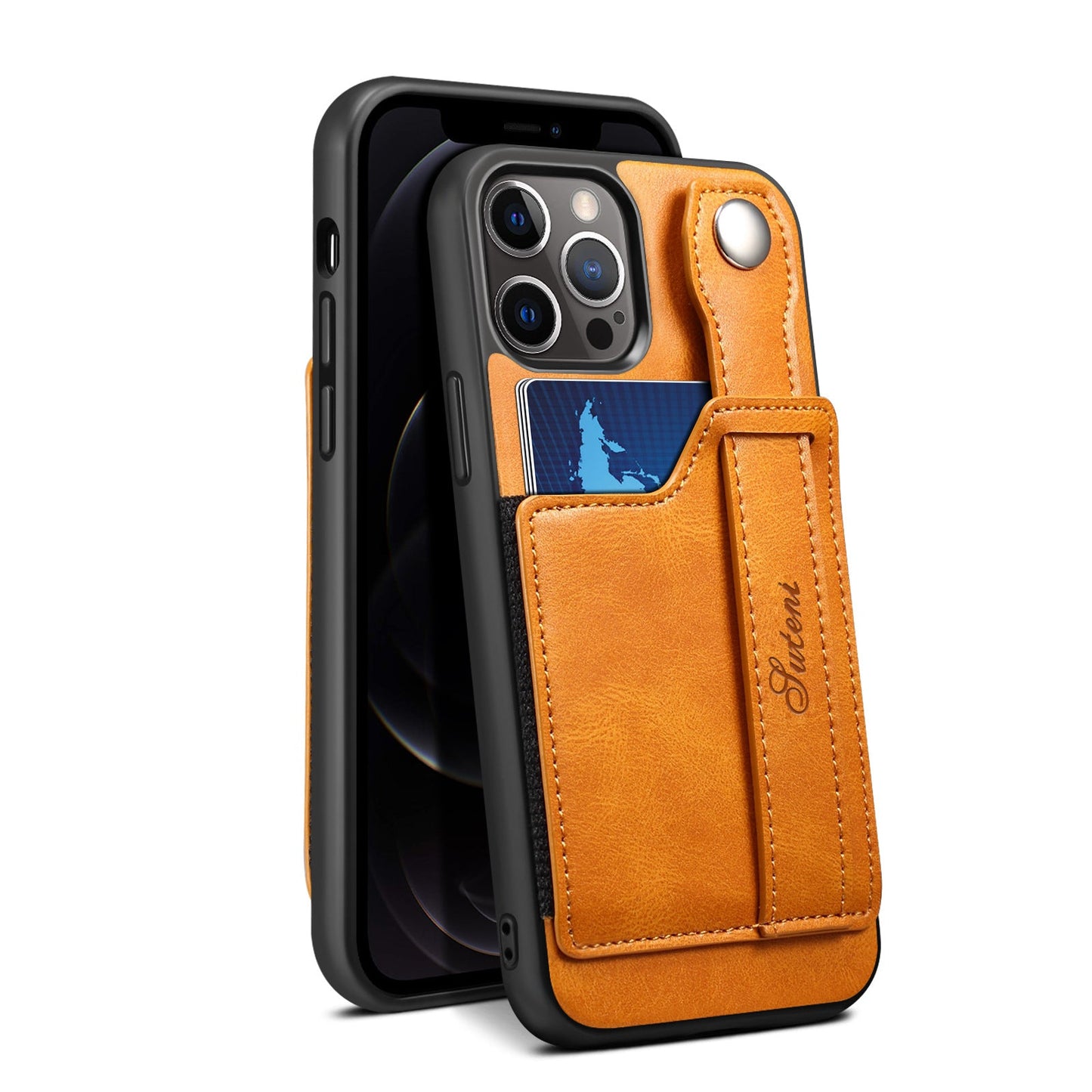 For iPhone 14ProMax Mobile Phone Case Apple iPhone 14Pro Plug-In Card Leather Case Wrist With Back Cover Type Protective Case - Korvel