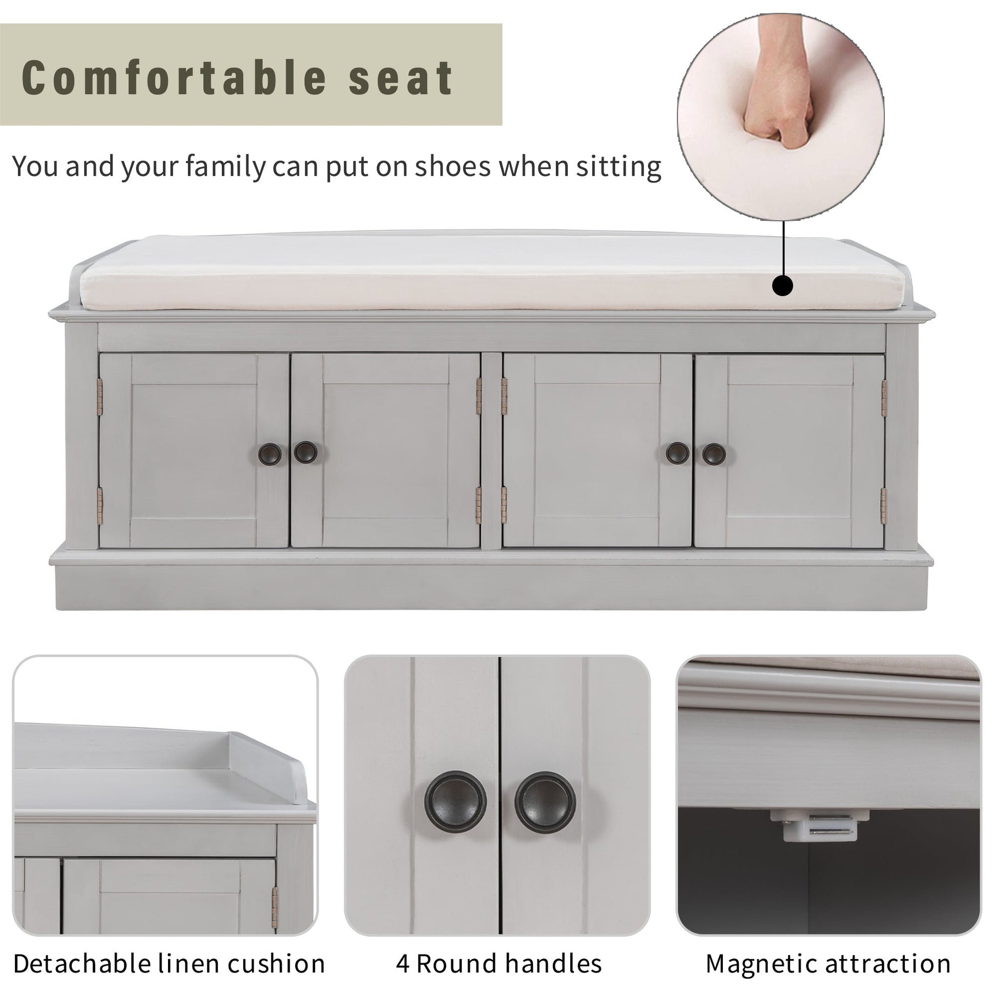 TREXM storage table with 4 doors and adjustable shelves and detachable cushioned shoe stand(Gray Wash) - Korvel
