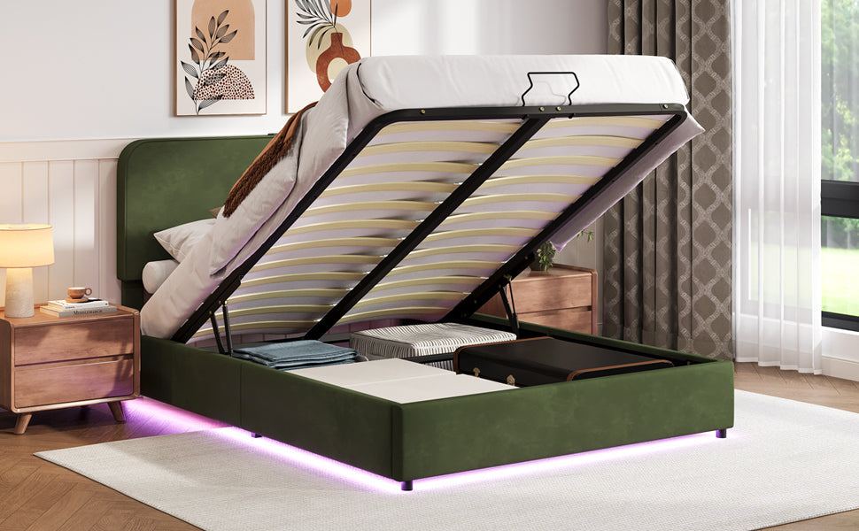 Hydraulic Storage Bed with RGB LED Lights and Bluetooth Speaker