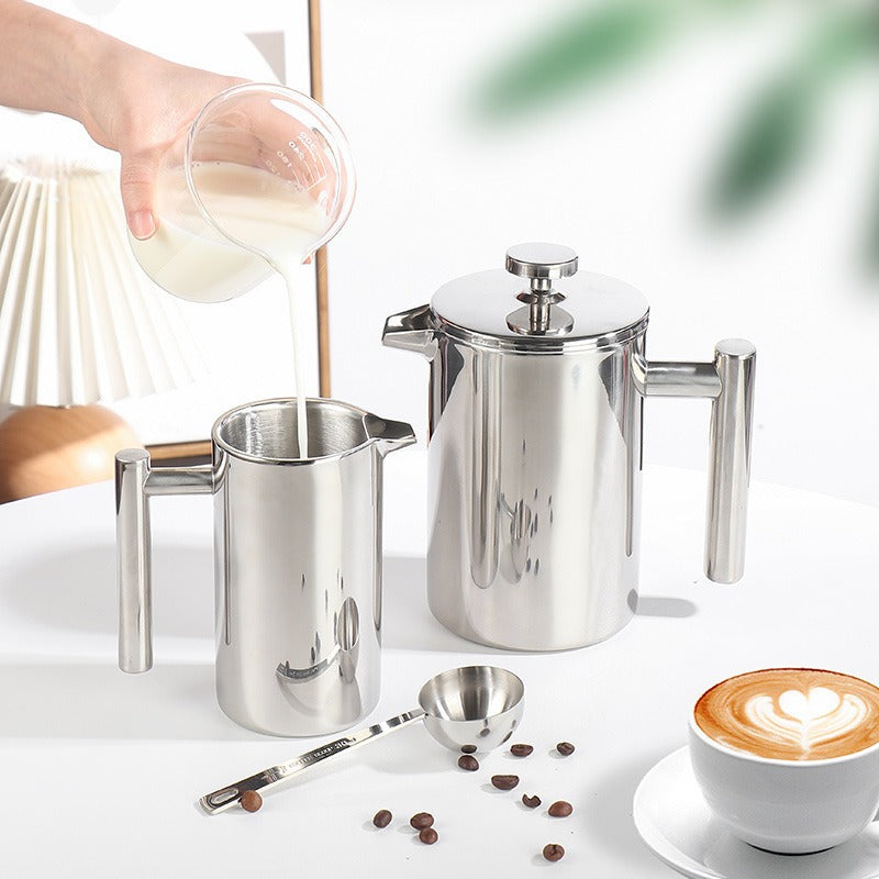 Coffee pot 304 stainless steel French press double-layer hand-pour straight handle coffee brewing pot - Korvel