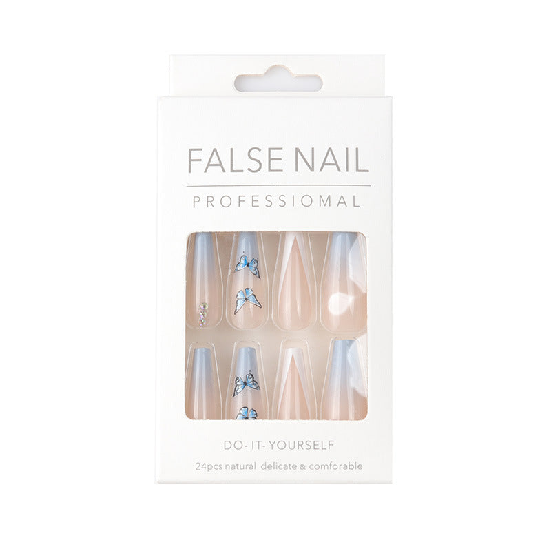 Ins Net Red With The Same Blue Butterfly Point Drill V-Shaped French Style Personality Trend Wearing Manicure Nail Patch - Korvel