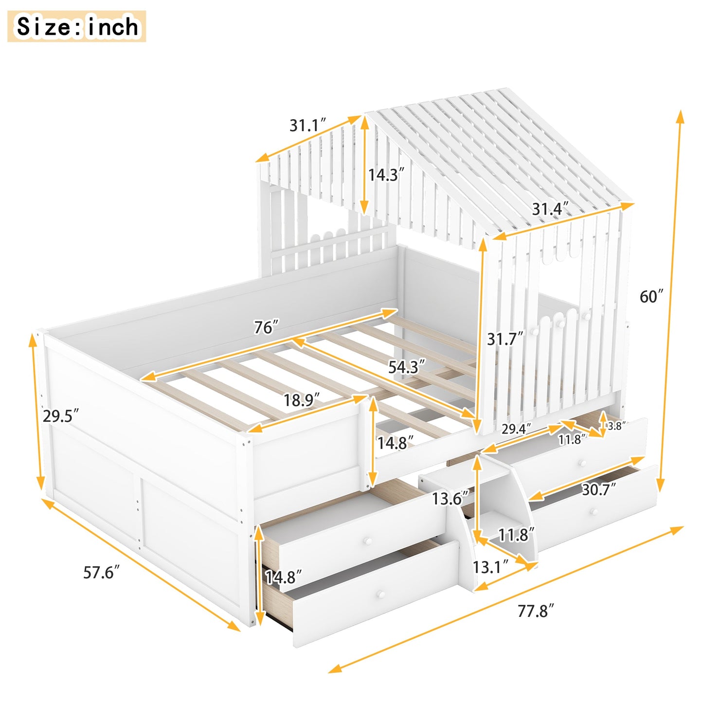 Full Size House Low Loft Bed with Four Drawers,White - Korvel
