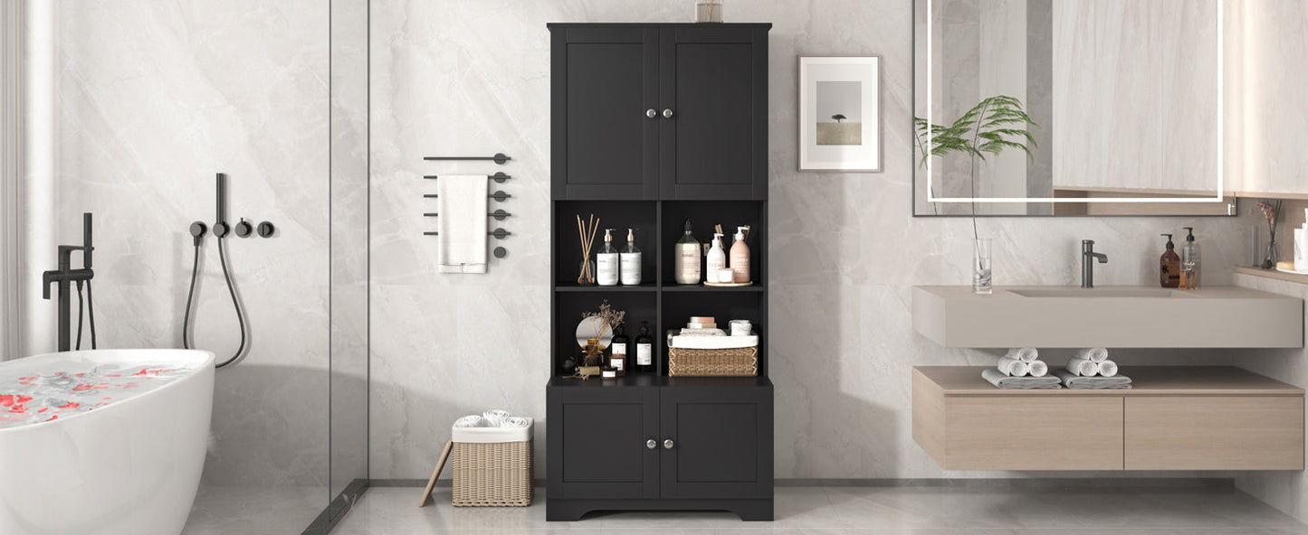 Bathroom storage cabinet, 4-door independent cabinet, adjustable shelf, open multi-layer shelf, black - Korvel