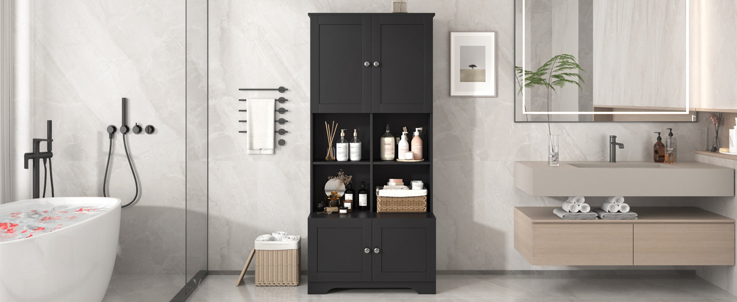 Bathroom storage cabinet, 4-door independent cabinet, adjustable shelf, open multi-layer shelf, black - Korvel