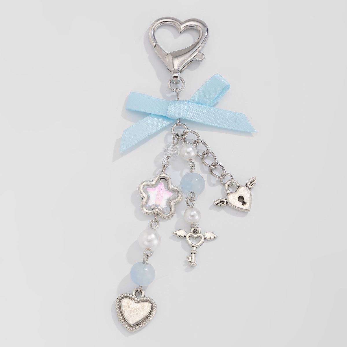 Little Fresh Love Bow Ribbon Keychain Sweet Wind Imitation Pearl Alloy Pendant - Korvel