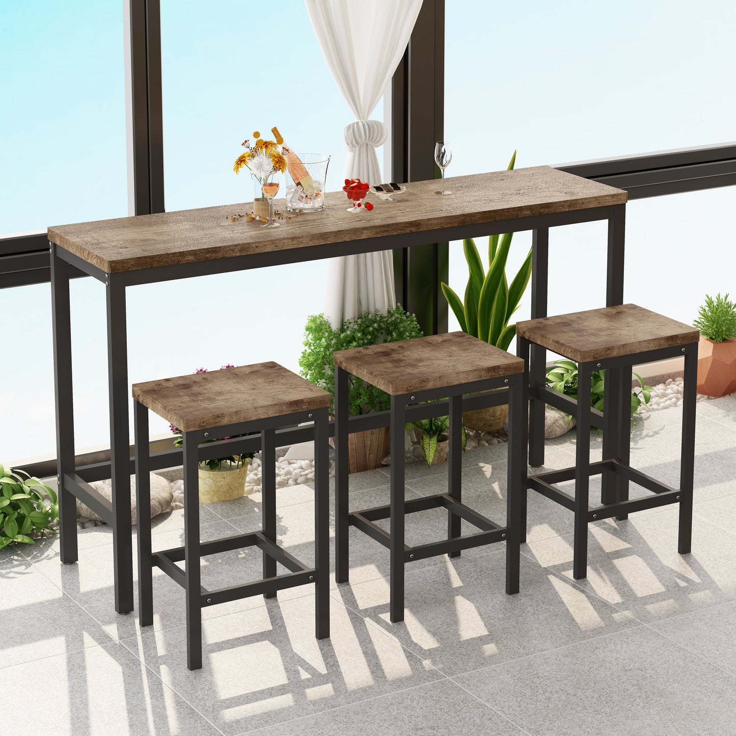 Modern Design Kitchen Dining Table Pub Table Long Dining Table Set with 3 Stools Easy Assembly Natural - Korvel
