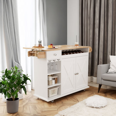 44 Inch Kitchen Island Cart with Solid Wood Top, Wine Storage, Spice Rack, Towel Rack, Wine Glass Holder White & Oak - Korvel