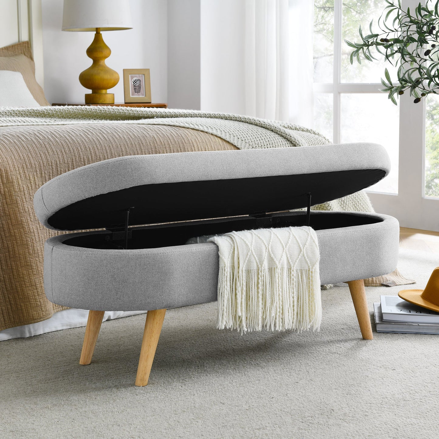 Ottoman Oval Storage Bench Rubber Wood Legs Grey(43.5"x16"x16") - Korvel