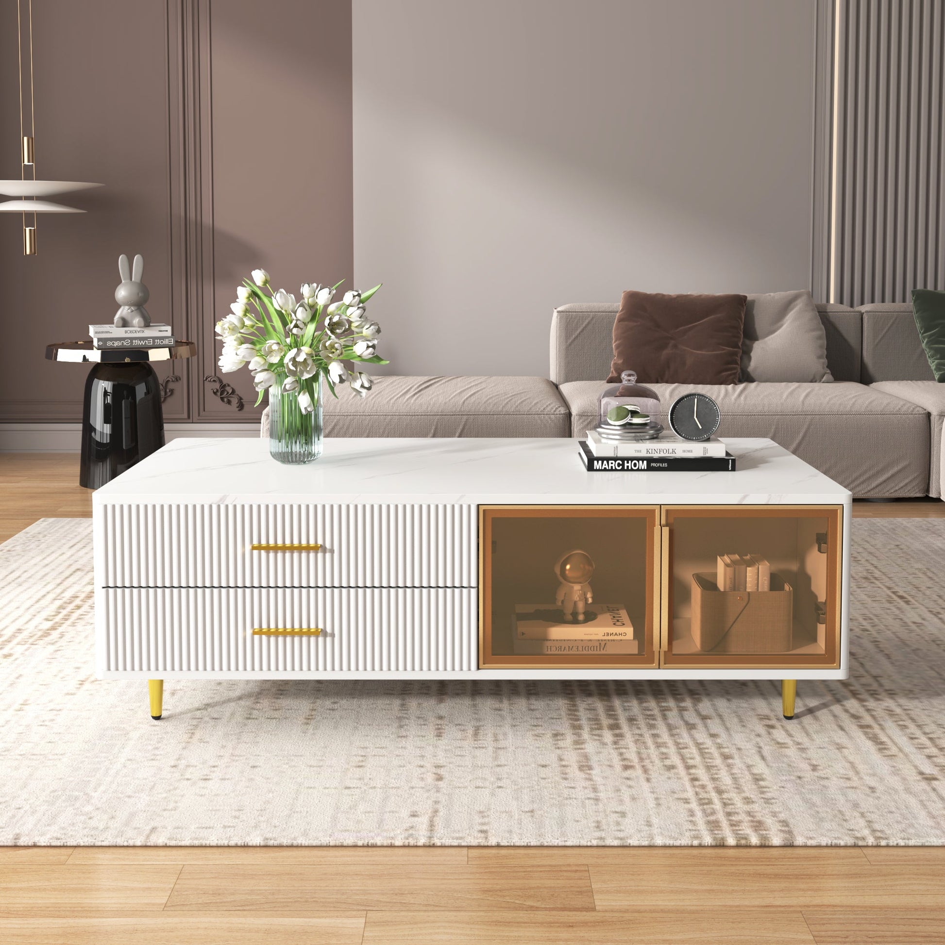 Modern White Coffee Table with 2 Glass Door Storage, 4 Drawers, Gold Metal Legs, and Multi-Color Lighting in 47.2' - Korvel