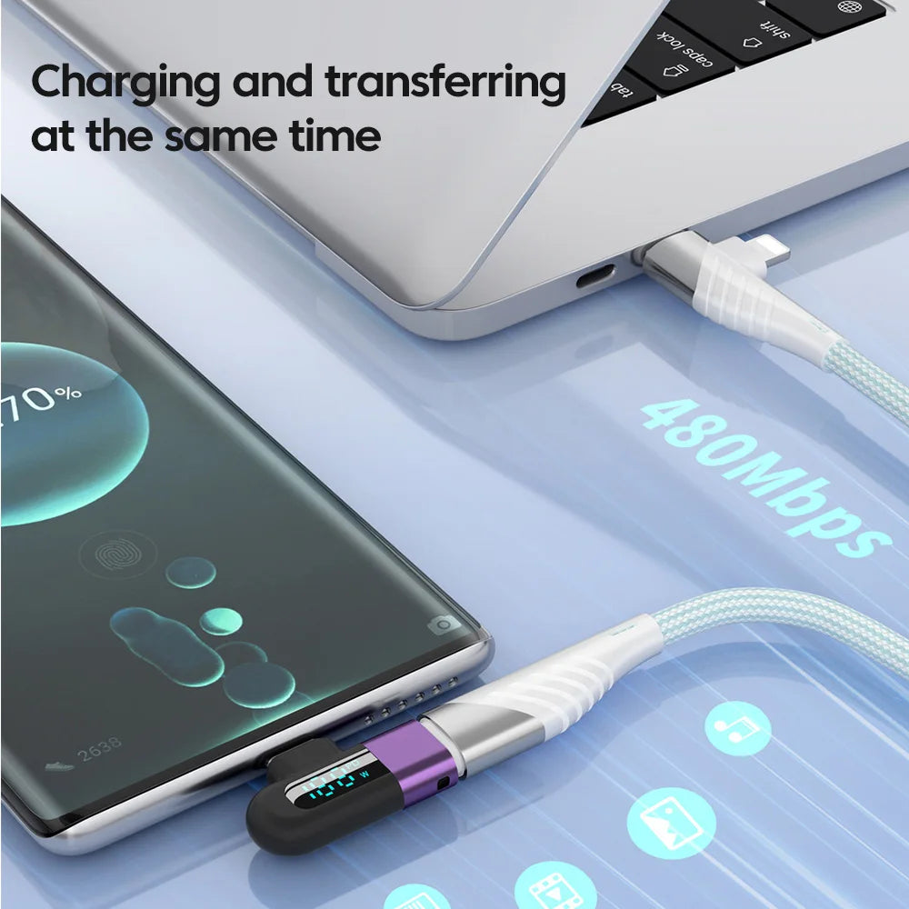 TG adapter 6A intelligent digital display supports 120W fast charging data cable, USB 2.0 port, Type-C adapter - Korvel