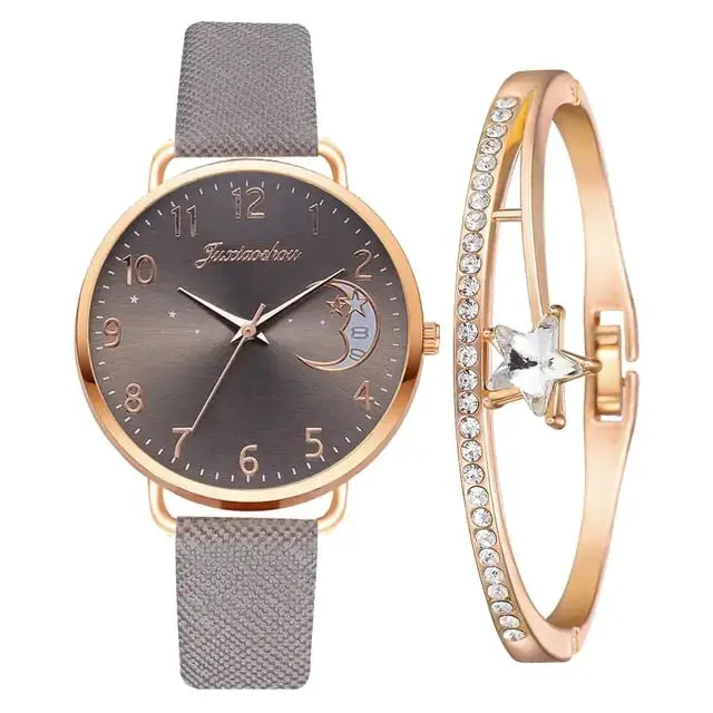 Conjunto de Reloj y Pulsera con Números de Luna