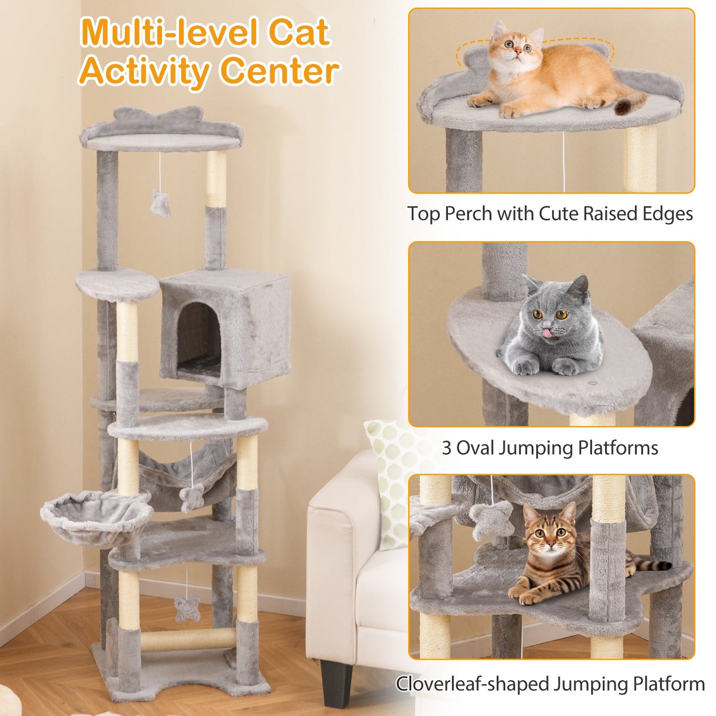 69 Inch Multi-level Cat Tree with Cozy Condo and Top Perch
