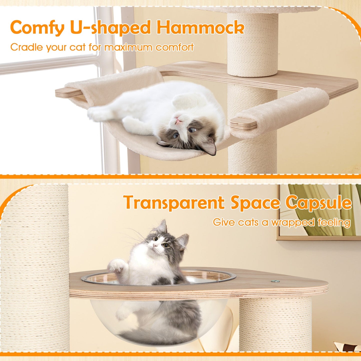 Arbre à chat de 69 pouces avec perchoir confortable et coussins lavables