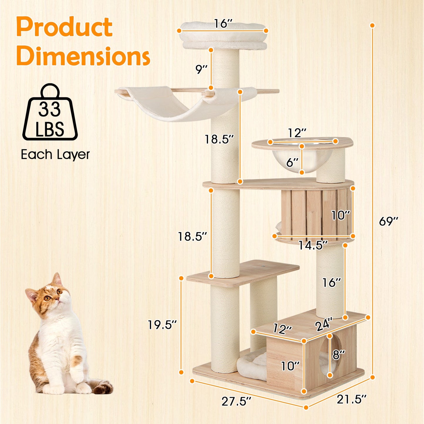 Arbre à chat de 69 pouces avec perchoir confortable et coussins lavables