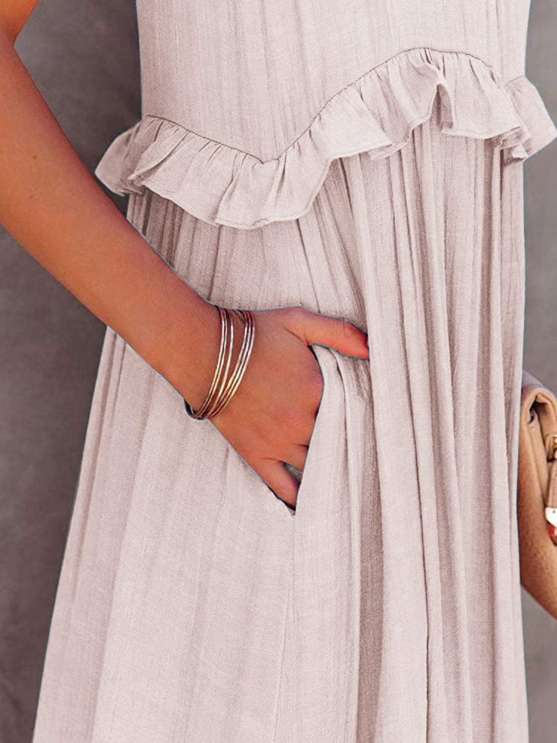 Elegant Ruffled Sleeveless Tiered Maxi Dress with Pockets