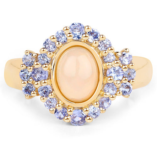 Anillo de cóctel de ópalo etíope y tanzanita chapado en oro amarillo de 14K