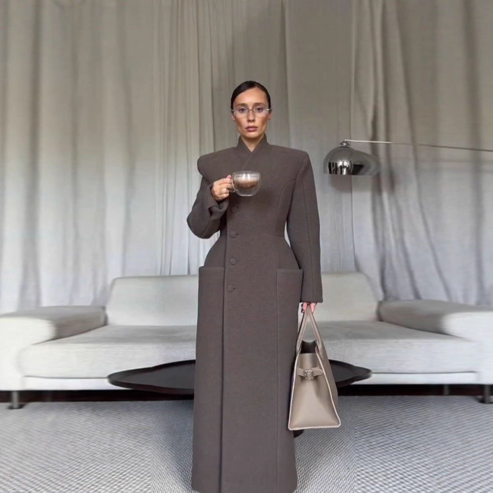 Temperament Shoulder-Padded Waist-Cinching Wool Coat for Women