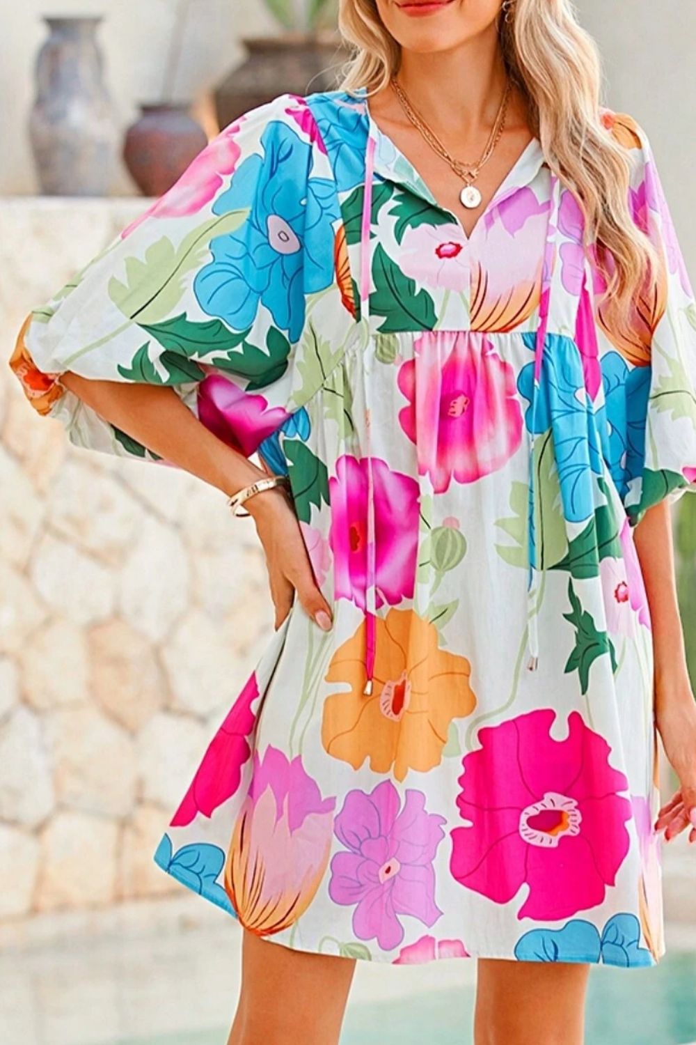 Chic Floral Tie Neck Dress - Elegant & Versatile for Every Occasion - Korvel