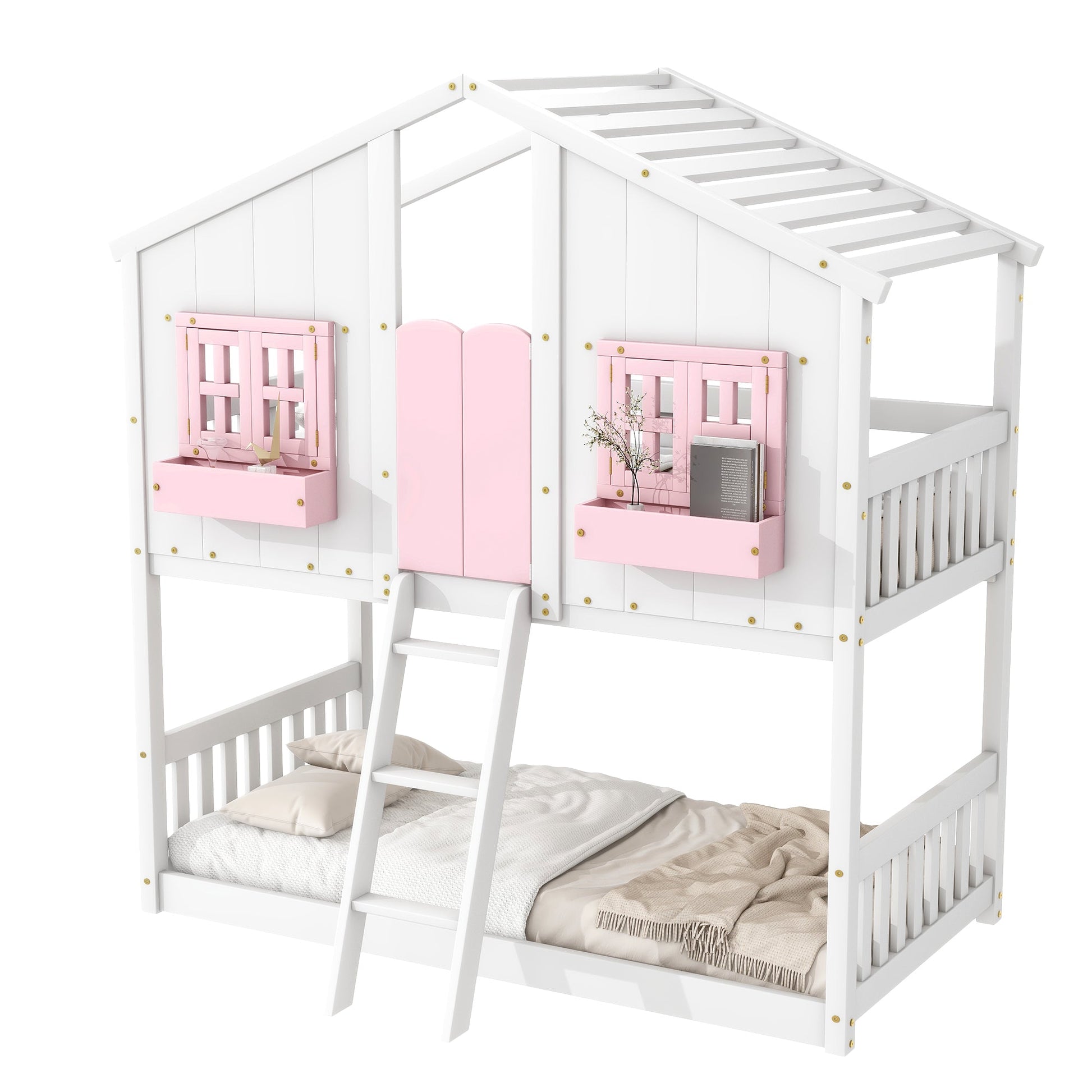 Twin over Twin House Bunk Bed with Roof , Window, Window Box, Door , with Safety Guardrails and Ladder, Pink/White - Korvel