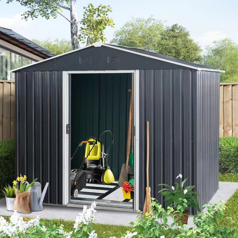 8ft x 6ft Outdoor Metal Storage Shed with Floor Base Black - Korvel