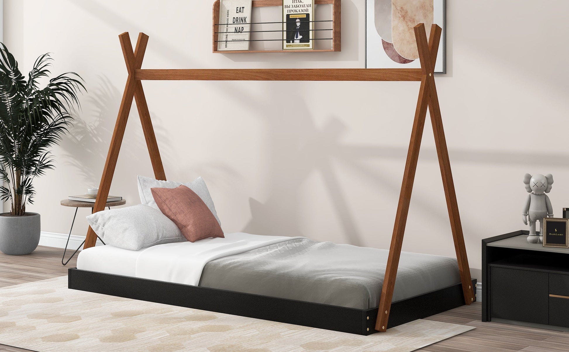 Twin Size Tent Floor Bed with Triangle Structure, Black+Brown - Korvel