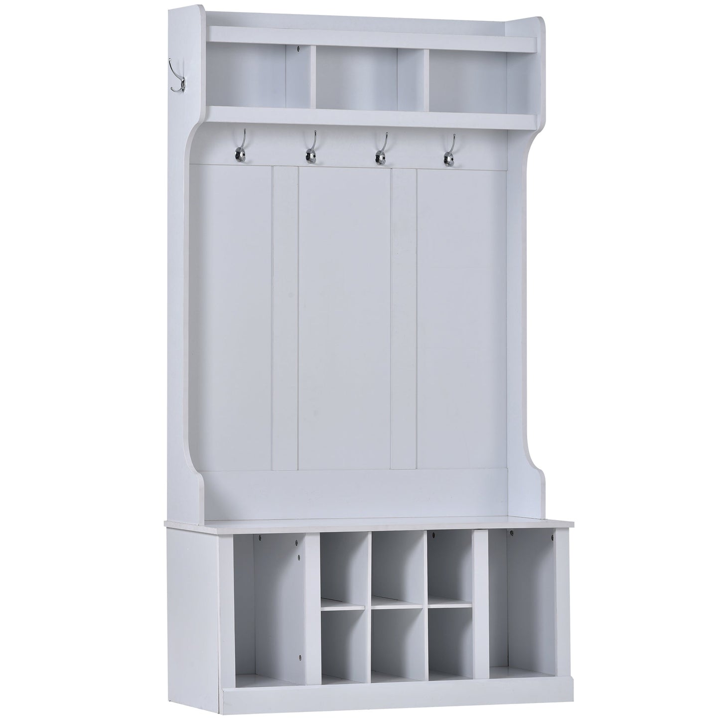 U-Can Hall Tree with 6 Hooks  Coat Hanger Entryway Bench Storage Bench (White) - Korvel