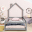 Lit simple taille jumeau en bois gris avec tête de lit en forme de maison