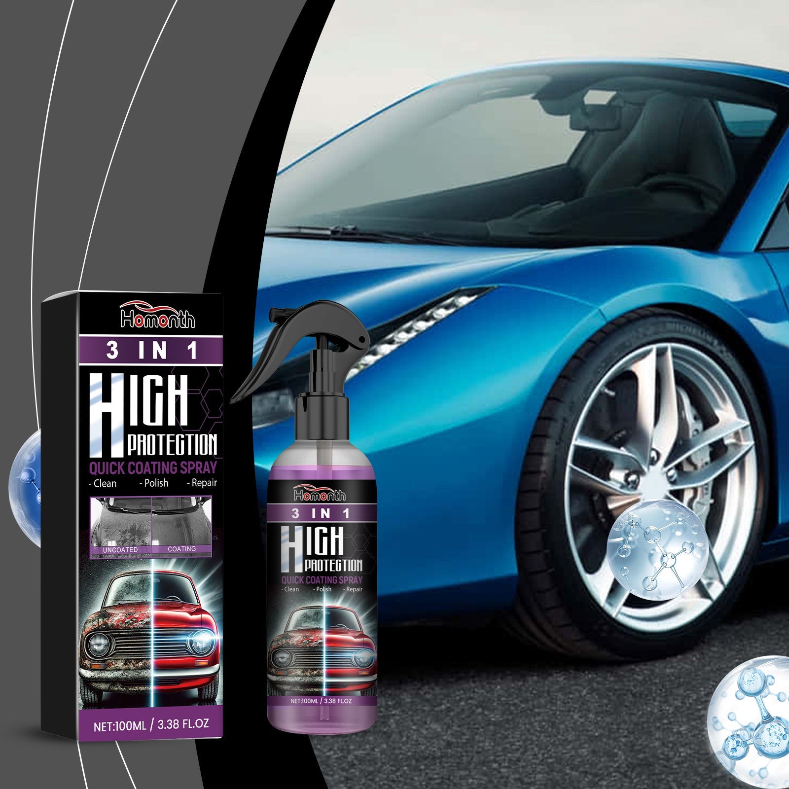 HOMONTH 3 In 1 High Protection Quick Coating Spray, Long Lasting Oil Waterproof Antifouling Cleaning Maintenance - Korvel