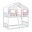 Twin over Twin House Bunk Bed with Roof , Window, Window Box, Door , with Safety Guardrails and Ladder, Pink/White - Korvel
